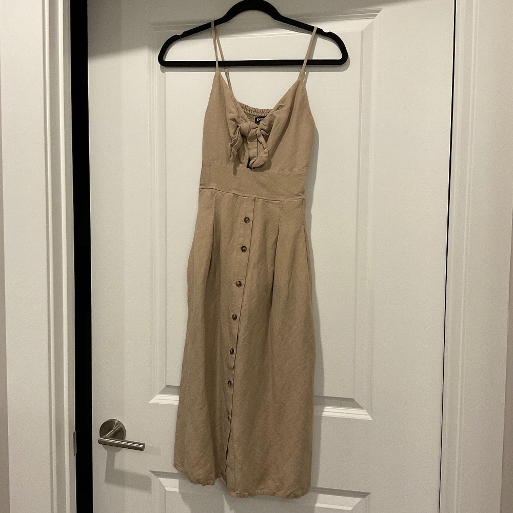 Tan spaghetti strap midi dress with knitted top and buttoned front